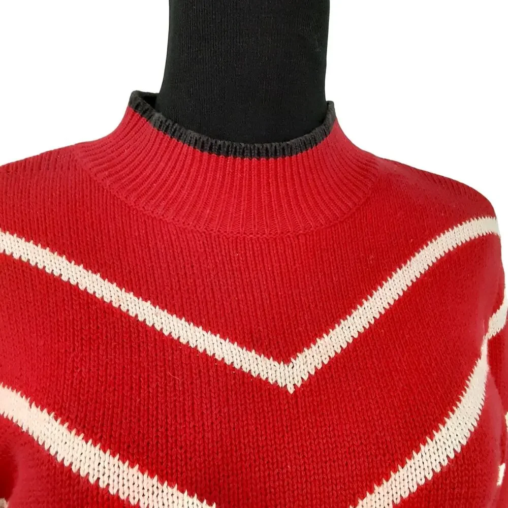 Vintage 80s Mock Neck Sweater Red White Chevron Pullover Nautical Stripe Preppy